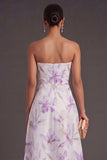Lilac Floral A Line Strapless Long Wedding Guest Dress