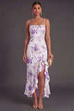 Ruffled Lilac Floral Mermaid Long Wedding Guest Dress with Slit