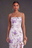Ruffled Lilac Floral Mermaid Long Wedding Guest Dress with Slit