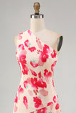 Pink Red Floral One Shoulder Pleated Asymmetrical Wedding Guest Dress