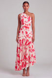 Pink Red Floral One Shoulder Pleated Asymmetrical Wedding Guest Dress