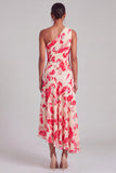 Pink Red Floral One Shoulder Pleated Asymmetrical Wedding Guest Dress