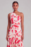 Pink Red Floral One Shoulder Pleated Asymmetrical Wedding Guest Dress
