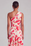 Pink Red Floral One Shoulder Pleated Asymmetrical Wedding Guest Dress