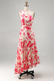 Pink Red Floral One Shoulder Pleated Asymmetrical Wedding Guest Dress