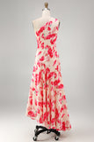 Pink Red Floral One Shoulder Pleated Asymmetrical Wedding Guest Dress