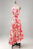 Pink Red Floral One Shoulder Pleated Asymmetrical Wedding Guest Dress