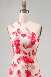 Pink Red Floral One Shoulder Pleated Asymmetrical Wedding Guest Dress