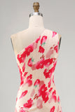 Pink Red Floral One Shoulder Pleated Asymmetrical Wedding Guest Dress