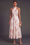 A Line Floral Apricot Halter Neck Long Wedding Guest Dress