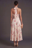 A Line Floral Apricot Halter Neck Long Wedding Guest Dress
