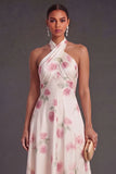 A Line Floral Apricot Halter Neck Long Wedding Guest Dress