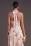 A Line Floral Apricot Halter Neck Long Wedding Guest Dress