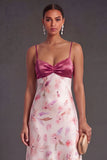 Pink Floral Spaghetti Straps Long Wedding Guest Dress