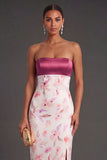 Sheath Floral Pink Strapless Long Wedding Guest Dress with Slit