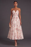 Apricot Floral Strapless A Line Long Wedding Guest Dress