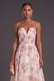 Apricot Floral Strapless A Line Long Wedding Guest Dress