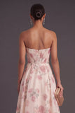 Apricot Floral Strapless A Line Long Wedding Guest Dress