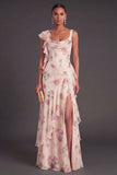 Ruffled Floral A Line Apricot Corset Long Wedding Guest Dress with Slit