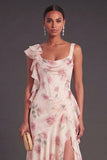 Ruffled Floral A Line Apricot Corset Long Wedding Guest Dress with Slit