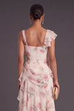 Ruffled Floral A Line Apricot Corset Long Wedding Guest Dress with Slit