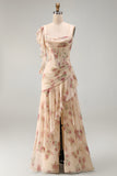 Ruffled Floral A Line Apricot Corset Long Wedding Guest Dress with Slit
