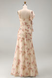 Ruffled Floral A Line Apricot Corset Long Wedding Guest Dress with Slit