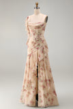 Ruffled Floral A Line Apricot Corset Long Wedding Guest Dress with Slit
