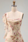 Ruffled Floral A Line Apricot Corset Long Wedding Guest Dress with Slit