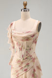 Ruffled Floral A Line Apricot Corset Long Wedding Guest Dress with Slit