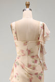 Ruffled Floral A Line Apricot Corset Long Wedding Guest Dress with Slit