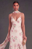 A Line Spaghetti Straps Apricot Floral Long Wedding Guest Dress with Slit