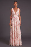 V Neck Apricot Floral Tiered Long Wedding Guest Dress
