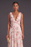 V Neck Apricot Floral Tiered Long Wedding Guest Dress