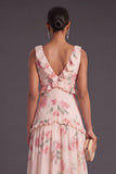V Neck Apricot Floral Tiered Long Wedding Guest Dress