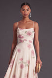 Floral Apricot A Line Spaghetti Straps Long Wedding Guest Dress