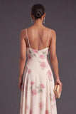 Floral Apricot A Line Spaghetti Straps Long Wedding Guest Dress