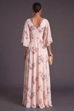 Apricot Floral A Line Flutter Sleeves Long Wedding Guest Dress