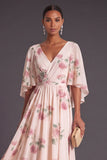 Apricot Floral A Line Flutter Sleeves Long Wedding Guest Dress