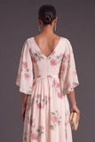 Apricot Floral A Line Flutter Sleeves Long Wedding Guest Dress
