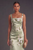 Floral Mermaid Ruched Thick Straps Long Wedding Guest Dress