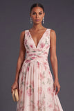 V Neck A Line Apricot Floral Long Wedding Guest Dress