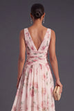 V Neck A Line Apricot Floral Long Wedding Guest Dress