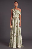 Sage Green Floral A Line One Shoulder Long Wedding Guest Dress