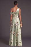 Sage Green Floral A Line One Shoulder Long Wedding Guest Dress