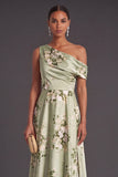 Sage Green Floral A Line One Shoulder Long Wedding Guest Dress
