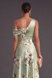 Sage Green Floral A Line One Shoulder Long Wedding Guest Dress