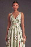 Sage Green Satin Floral A Line Long Wedding Guest Dress with Slit