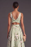 Sage Green Satin Floral A Line Long Wedding Guest Dress with Slit