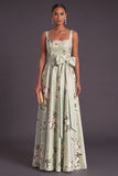 Thick Straps Sage Green Satin Floral Long Wedding Guest Dress